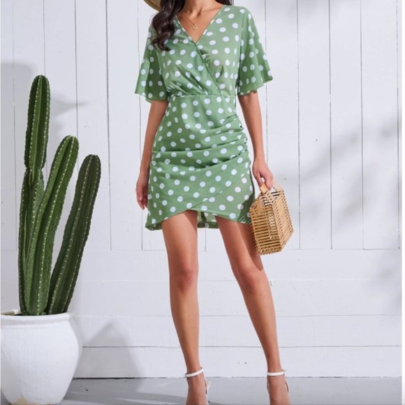 Polka Dot Ruched Detail Dress Green - Picture 3 of 7